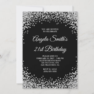 Silver Glitter Border Black 21st Birthday Invitation