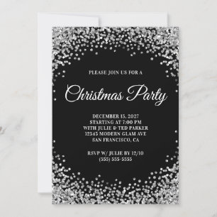 Silver Glitter Border Black Christmas Party Invitation