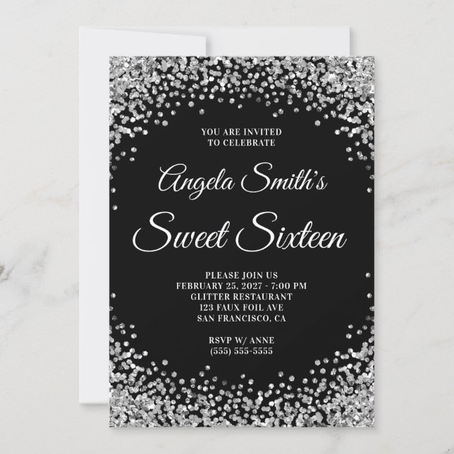 Silver Glitter Border Black Sweet Sixteen Invitation (Front)