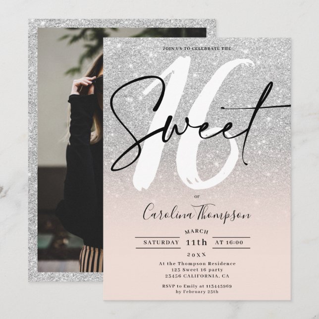 Silver glitter border script photo Sweet 16 Invitation (Front/Back)