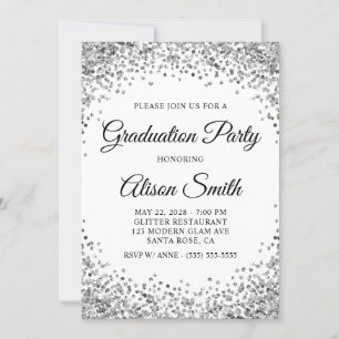 Silver Glitter Border White Graduation Party Invitation