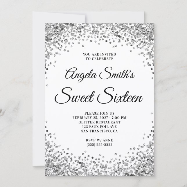 Silver Glitter Border White Sweet Sixteen Invitation (Front)