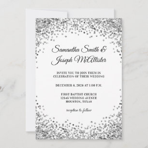 Silver Glitter Border White Wedding Invitation