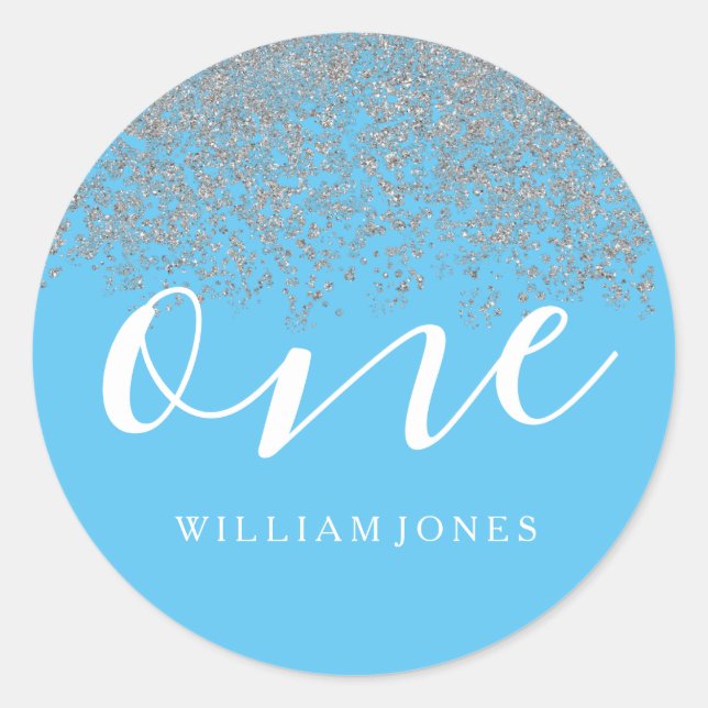 Silver Glitter Boys Blue 1st birthday party Classic Round Sticker (Front)