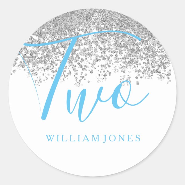 Silver Glitter Boys White Blue 2nd birthday Classic Round Sticker (Front)