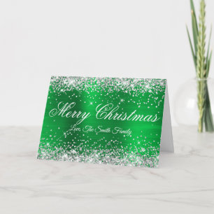 Silver Glitter Bright Green Foil Family Photo Card