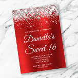 Silver Glitter Bright Red Foil Sweet 16 Invitation<br><div class="desc">Create your own stylish 16th birthday celebration invitation for your daughter. Decorative faux sparkly silver glitter graphics form a top border. The background digital art features a shiny bright red ombre style brushed metal foil. Customize the invitation white text colour or font styles. The "Sweet 16" text is also customizable....</div>