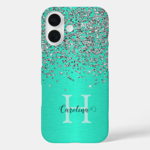 Silver Glitter, Brush Teal Steel, Personalized. iPhone 16 Case