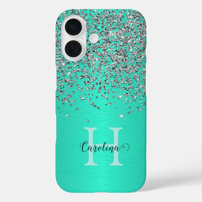 Silver Glitter, Brush Teal Steel, Personalized. Case-Mate iPhone Case (Back)