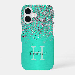 Silver Glitter, Brush Teal Steel, Personalized. iPhone 16 Case