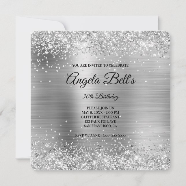 Silver Glitter Brushed Metal Fancy Monogram Invitation (Back)