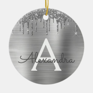 Silver Glitter Brushed Metal Monogram Name Ceramic Ornament