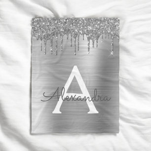 Silver Glitter Brushed Metal Monogram Name Fleece Blanket