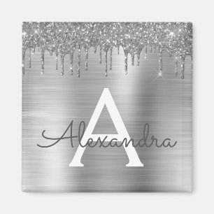 Silver Glitter Brushed Metal Monogram Name Magnet