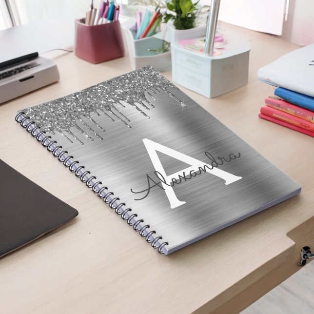 Silver Glitter Brushed Metal Monogram Name Notebook (Creator Uploaded)