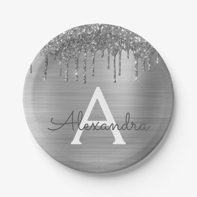 Silver Glitter Brushed Metal Monogram Name Paper Plate (Front)