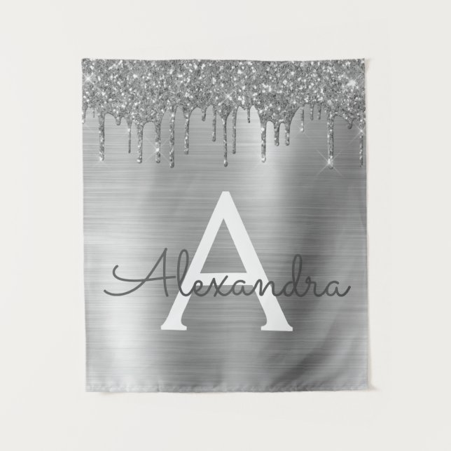 Silver Glitter Brushed Metal Monogram Name Tapestry (Front)