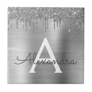 Silver Glitter Brushed Metal Monogram Name Tile