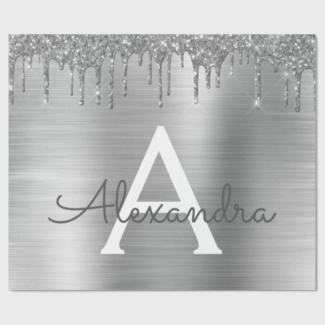 Silver Glitter Brushed Metal Monogram Name Wrapping Paper (Flat)