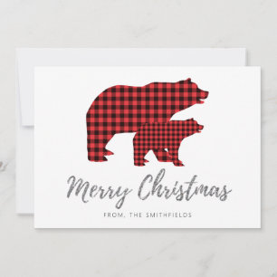 Silver Glitter Buffalo Plaid Bear Christmas Holiday Card