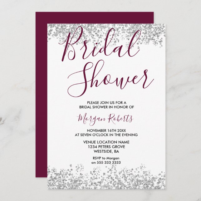 Silver Glitter Burgundy Bridal Shower Invitation (Front/Back)
