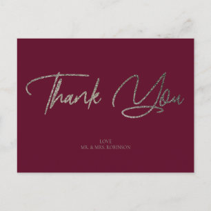 Silver Glitter & Burgundy Chic Thank You Custom Postcard