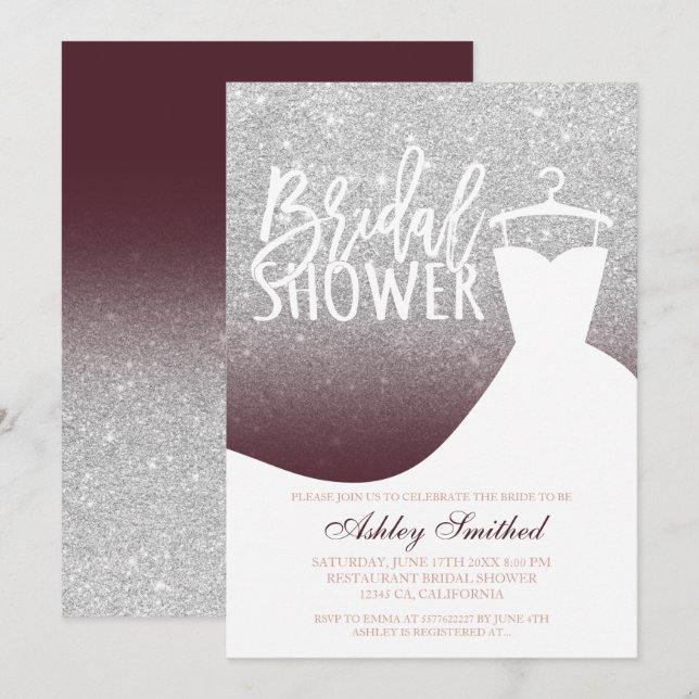 Silver glitter burgundy dress Bridal shower Invitation (Front/Back)