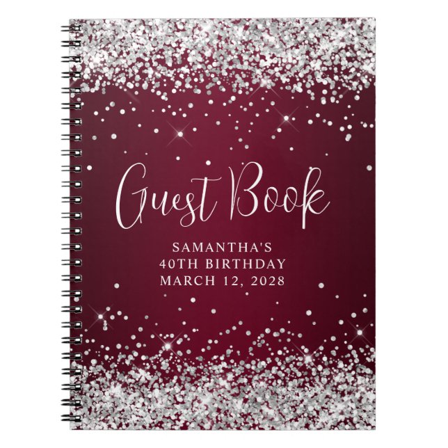 Silver Glitter Burgundy Ombre 40th Birthday Guest Notebook (Front)