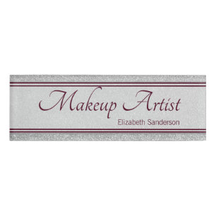 Silver Glitter Burgundy Personalized Makeup Artist Name Tag