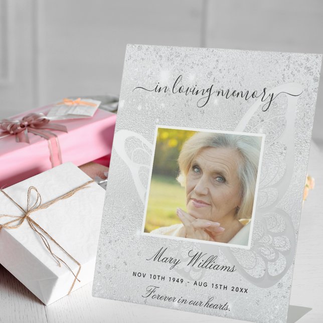 Silver glitter butterfly photo memorial pedestal sign (Creator Uploaded)