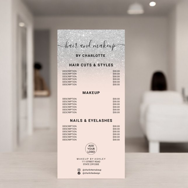 Silver glitter calligraphy hair makeup price rack card (Silver glitter calligraphy hair makeup price rack card)