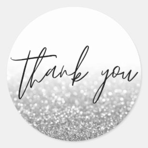 Silver Glitter Calligraphy Thank You Classic Round Sticker