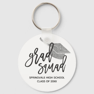 Silver Glitter Cap Grad Squad Graduation Keepsake Keychain