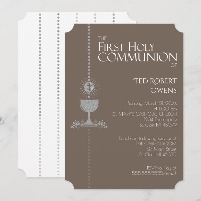 Silver Glitter Chalis First Communion Invitation (Front/Back)