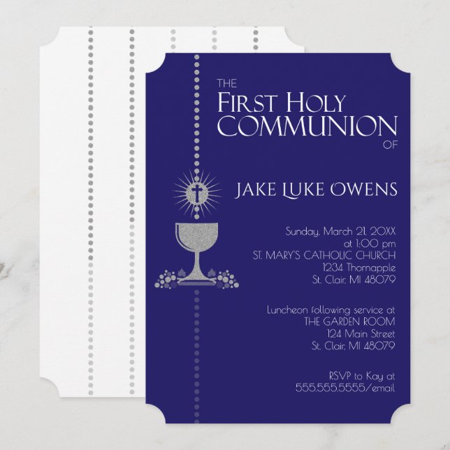 Silver Glitter Chalis First Communion Invitation (Front/Back)