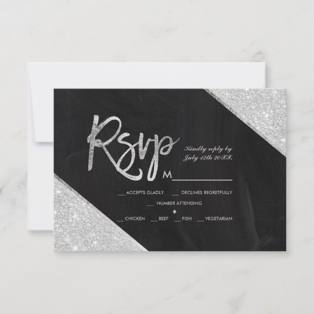 Silver glitter chalkboard  script wedding Rsvp Card (Front)