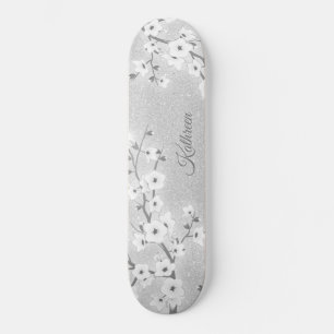 Silver Glitter Cherry Blossom Monogram Girly Skateboard