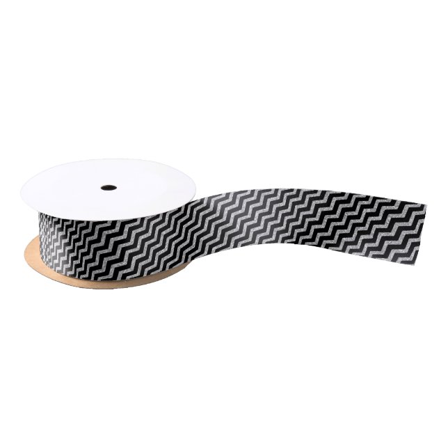 Silver Glitter Chevron Black Pattern Satin Ribbon (Spool)