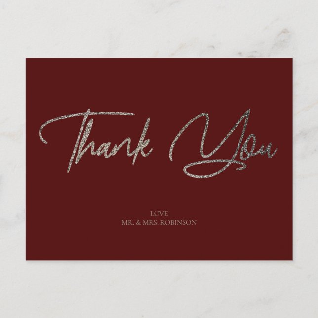 Silver Glitter Chic & Maroon Thank You Custom Postcard (Front)