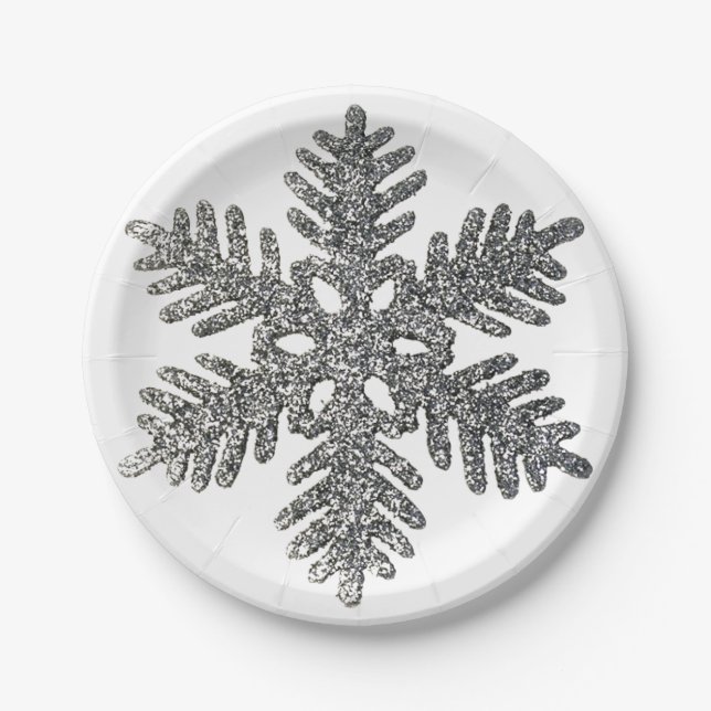 Silver Glitter Christmas Party Holiday Star Paper Paper Plate (Front)