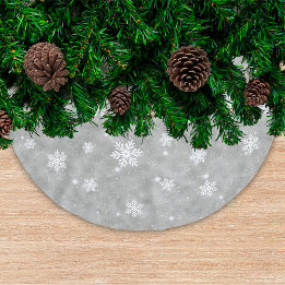 Silver Glitter Christmas Stars Snowflakes Pattern Brushed Polyester Tree Skirt