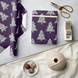 Silver Glitter Christmas Tree Pattern on Indigo Wrapping Paper