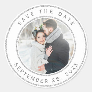 Silver Glitter Circle Wedding Photo Save the Date Classic Round Sticker
