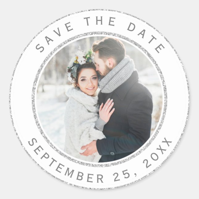 Silver Glitter Circle Wedding Photo Save the Date Classic Round Sticker (Front)