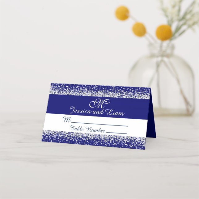 Silver Glitter Confetti and Royal Blue Place Card (Front)