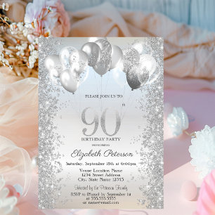 Silver Glitter Confetti Balloons 90th Birthday Invitation