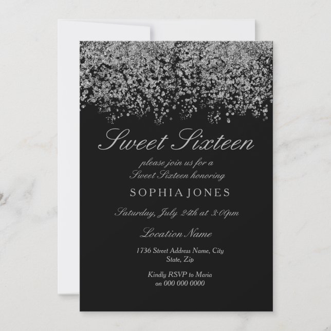 Silver Glitter Confetti Black Sweet 16 Invitation (Front)