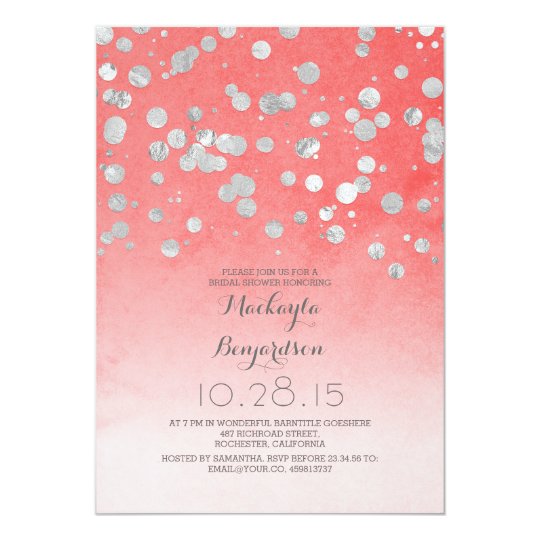 silver glitter confetti coral pink bridal shower card