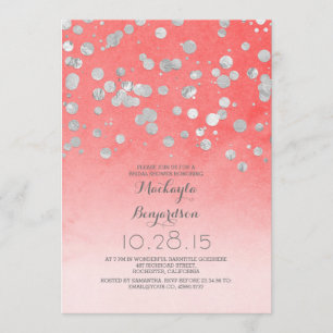 silver glitter confetti coral pink bridal shower invitation