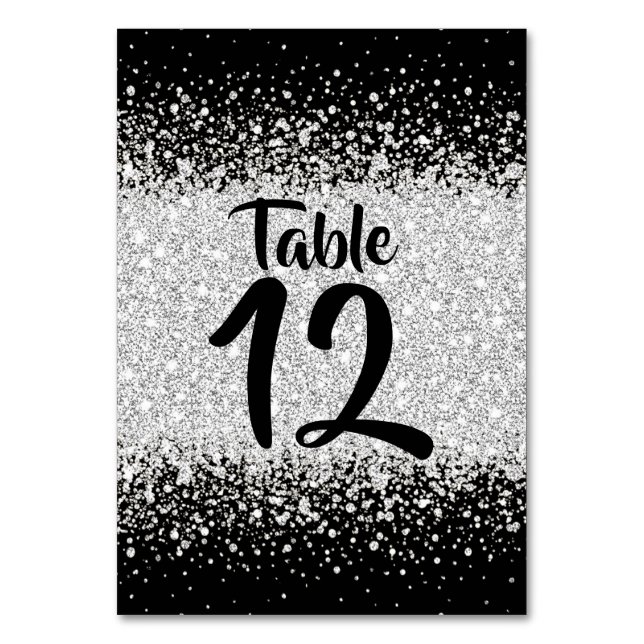 Silver Glitter Confetti on Black Table Number (Front)